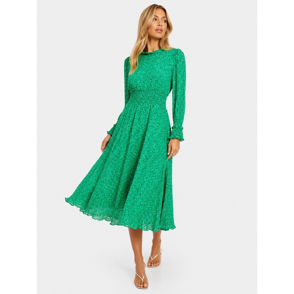 Ghost London Green Dotted Ruffle Midi Dress Smocked Waist XL NWOT New